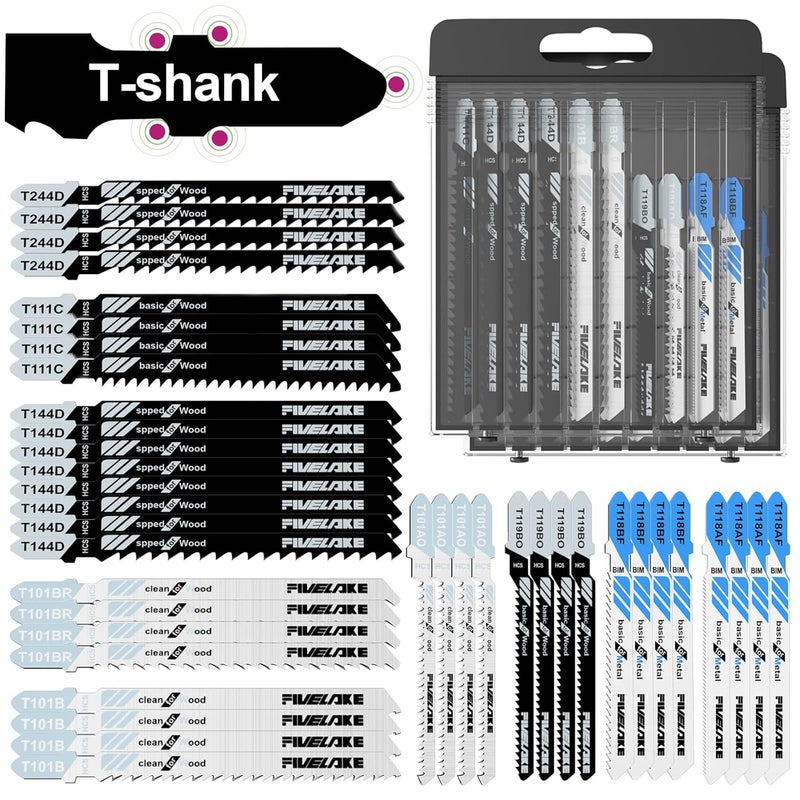 FIVELAKE T-Shank Jigsaw Blades Set with Case, 40Pcs Assorted Replacement Jigsaw Blades for Wood, Plastic and Metal Cutting (T118AF, T118BF, T101AO, T119BO, T101B, T101BR, T111C, T244D, T144D) - Image 1